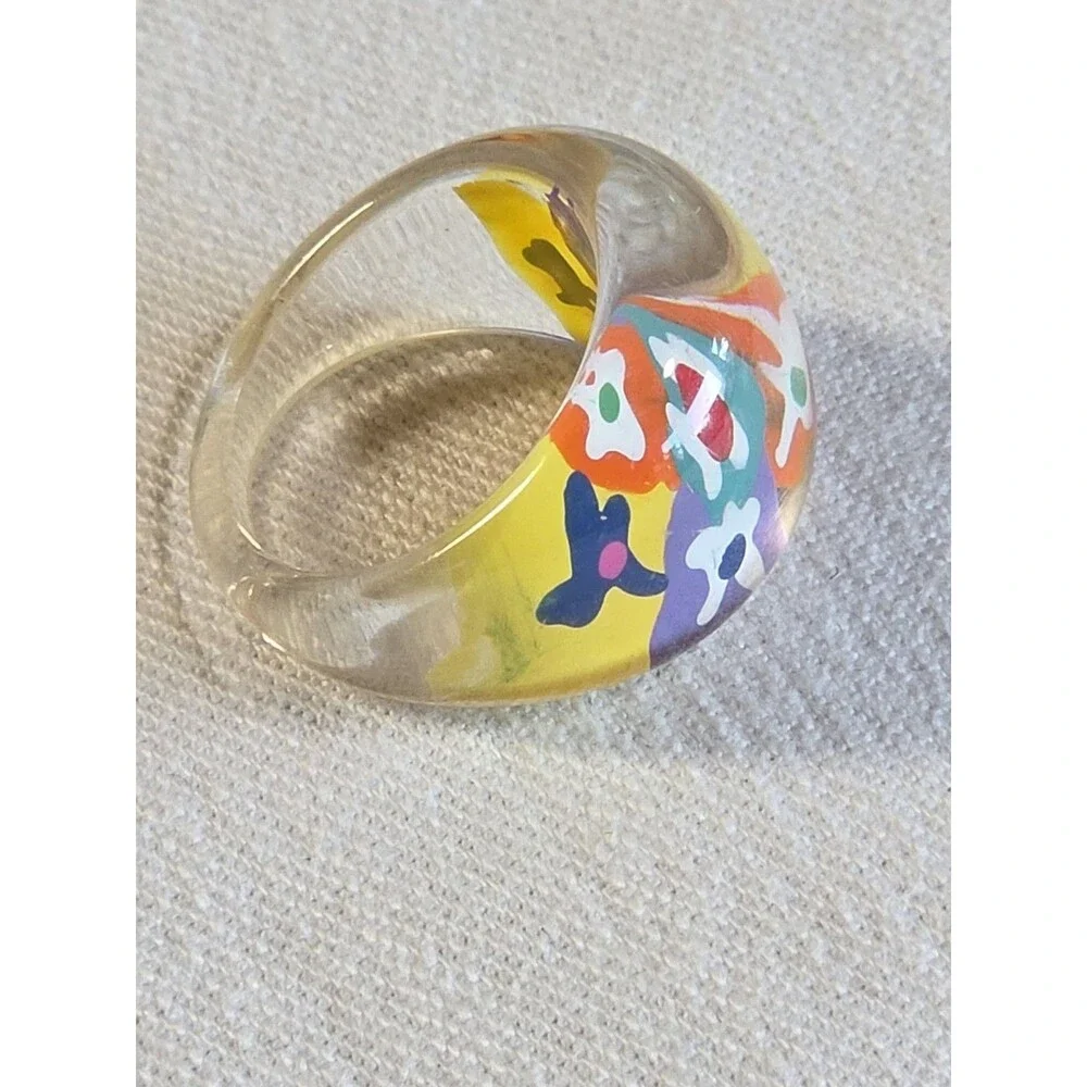 3 Vintage Y2K Reverse Paint Plastic Acrylic Dome Rings + Bonus Polymer Clay Ring